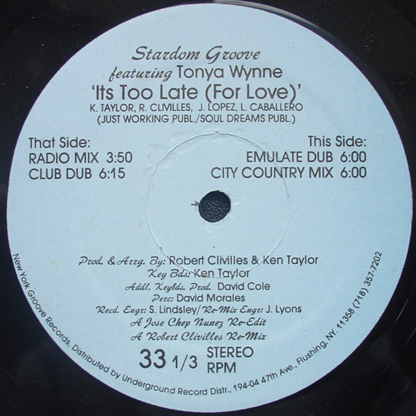 Stardom Groove Featuring Tonya Wynne - It's Too Late (For Love) | New York Groove Records (NYG 1000) - 4