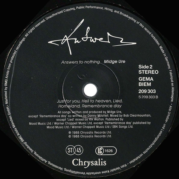 Midge Ure - Answers To Nothing | Chrysalis (209 303) - 4