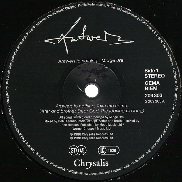 Midge Ure - Answers To Nothing | Chrysalis (209 303) - 3