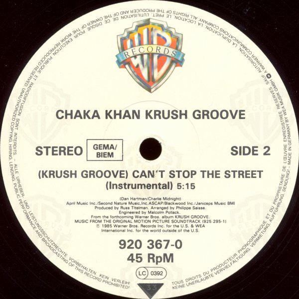 Chaka Khan - (Krush Groove) Can't Stop The Street | Warner Bros. Records (920 367-0) - 4