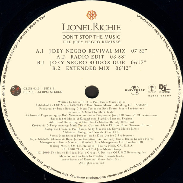 Lionel Richie - Don't Stop The Music (The Joey Negro Remixes) | Nitelite The Club Records (CLUB 03-01) - 4