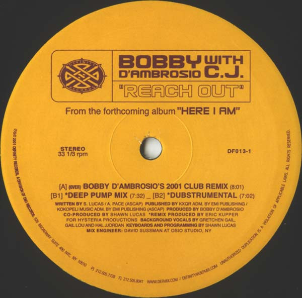 Bobby D'Ambrosio With C.J. - Reach Out | Definity Records (DF013-1)