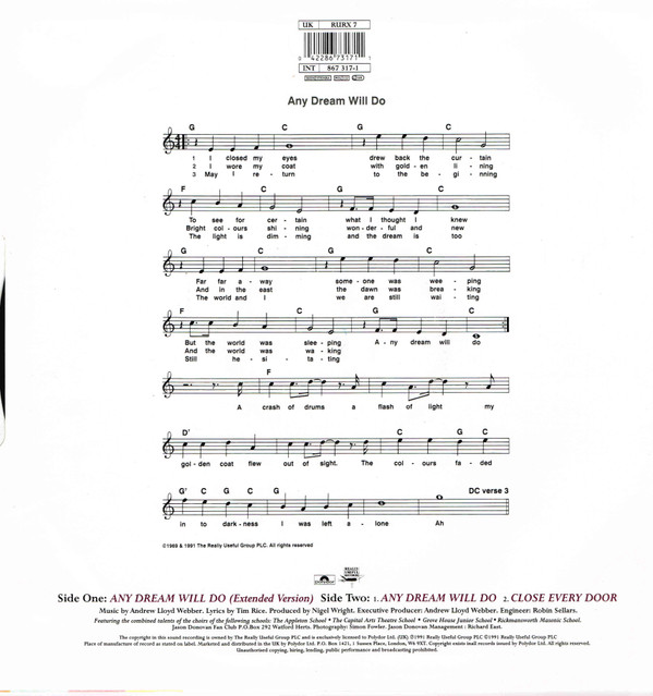 Jason Donovan - Any Dream Will Do | Really Useful Records (RURX 7) - 2 Jason Donovan - Any Dream Will Do | Really Useful Records (RURX 7) - 2