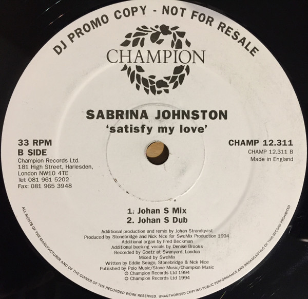 Sabrina Johnston - Satisfy My Love | Champion (CHAMP 12.311) - 2