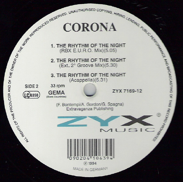 Corona - The Rhythm Of The Night | ZYX Music (ZYX 7169-12) - 2