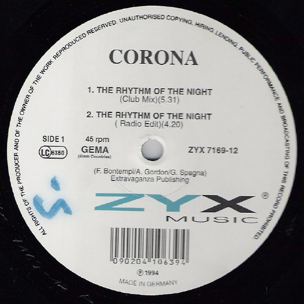Corona - The Rhythm Of The Night | ZYX Music (ZYX 7169-12) - main