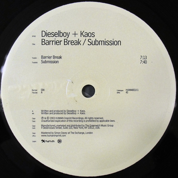 Dieselboy & Kaos - Barrier Break / Submission | Human Imprint Recordings (HUMA8010-1) - 3