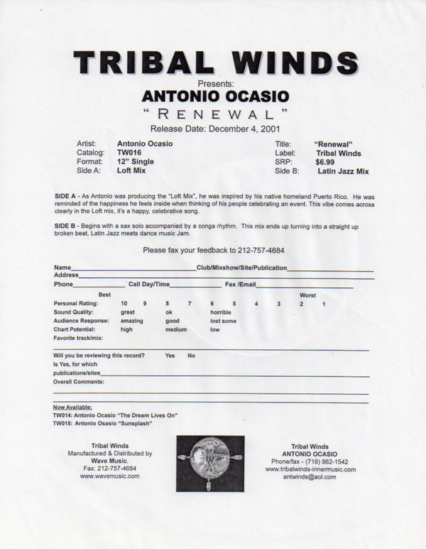 Antonio Ocasio - Renewal | Tribal Winds (TW016) - 3 Antonio Ocasio - Renewal | Tribal Winds (TW016) - 3