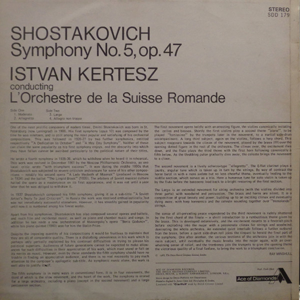 Shostakovich , L'Orchestre De La Suisse Romande , Kertesz - Symphony No. 5, Op. 47 | Ace Of Diamonds (SDD 179) - 2