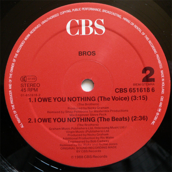Bros - I Owe You Nothing | CBS (CBS 651618 6) - 4