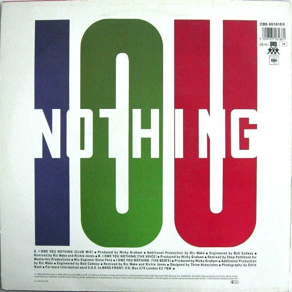 Bros - I Owe You Nothing | CBS (CBS 651618 6) - 2