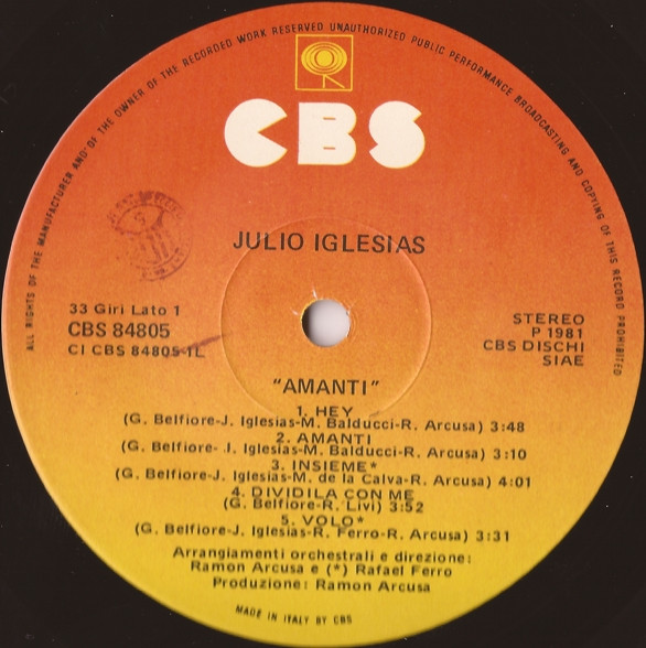 Julio Iglesias - Amanti | CBS (CBS 84805) - 3