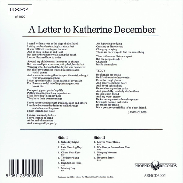 Jake Holmes - A Letter To Katherine December CD | Phoenix Records (ASHCD3005) - 2 Jake Holmes - A Letter To Katherine December CD | Phoenix Records (ASHCD3005) - 2