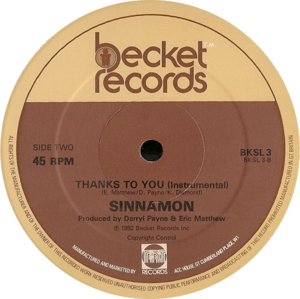 Sinnamon - Thanks To You | Becket Records (BKSL 3) - 2
