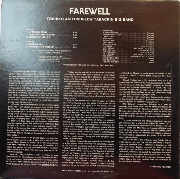 Toshiko Akiyoshi-Lew Tabackin Big Band - Farewell | Ascent Records (ASC 1000) - 2 Toshiko Akiyoshi-Lew Tabackin Big Band - Farewell | Ascent Records (ASC 1000) - 2