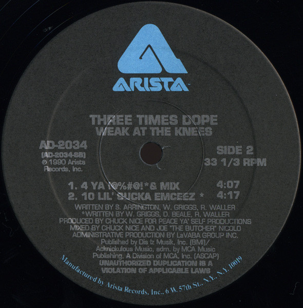 Three Times Dope - Weak At The Knees | Arista (AD-2034) - 3