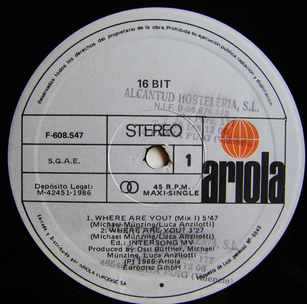 16 Bit - Where Are You? | Ariola (F-608.547) - 3
