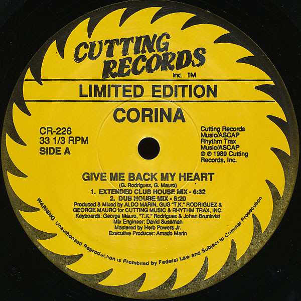 Corina - Give Me Back My Heart (Limited Edition House Mixes) | Cutting Records (CR-226) - 3