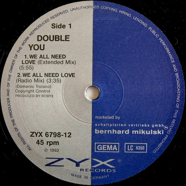 Double You - We All Need Love | ZYX Music (ZYX 6798-12) - 3