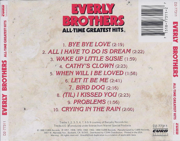 Everly Brothers - All-Time Greatest Hits | Curb Records (D2-77311) - 2 Everly Brothers - All-Time Greatest Hits | Curb Records (D2-77311) - 2