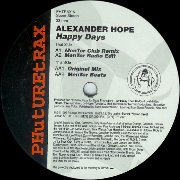 Alexander Hope - Happy Days | Phuture Trax (PHTRAX 6) - 2