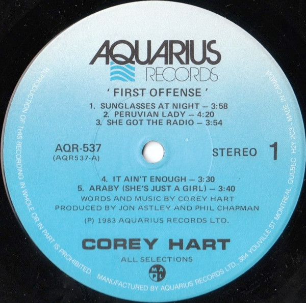 Corey Hart - First Offense | Aquarius Records (AQR537) - 3