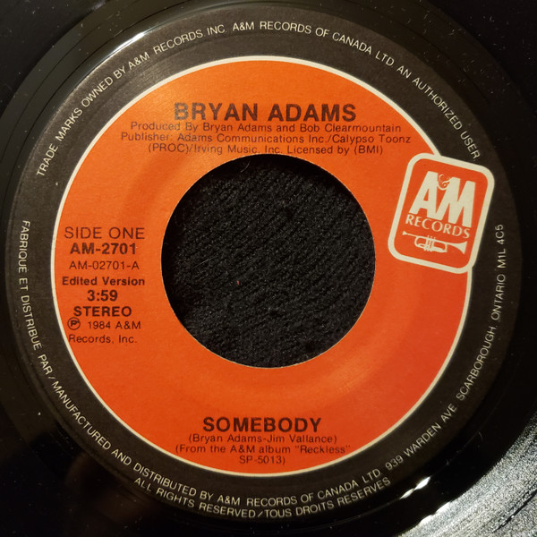 Bryan Adams - Somebody (7") [Vinyl] | A&M Records (AM-2701) - 4