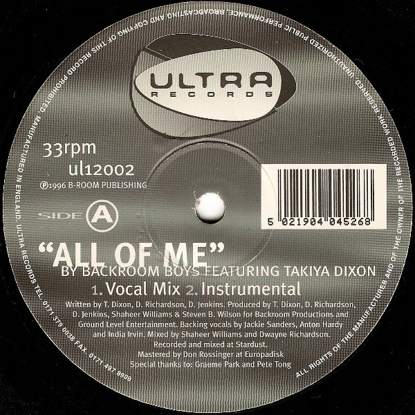 Backroom Boys Featuring Takiya Dixon - All Of Me | Ultra Records (ul12002)
