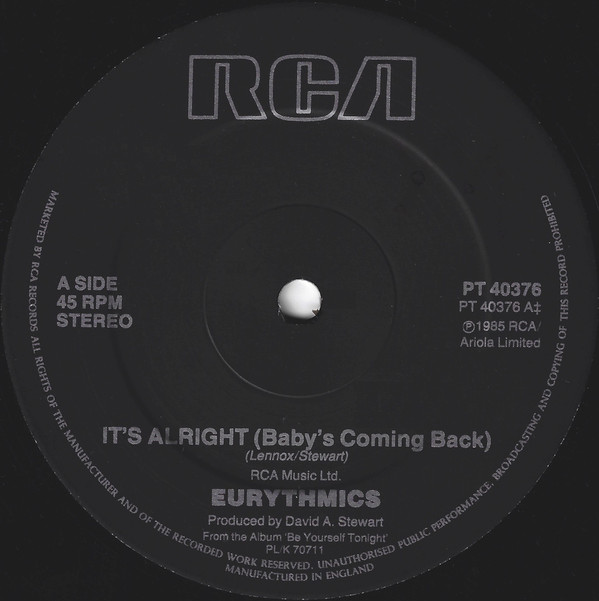 Eurythmics - It's Alright (Baby's Coming Back) | RCA (PT 40376) - 3 Eurythmics - It's Alright (Baby's Coming Back) | RCA (PT 40376) - 3