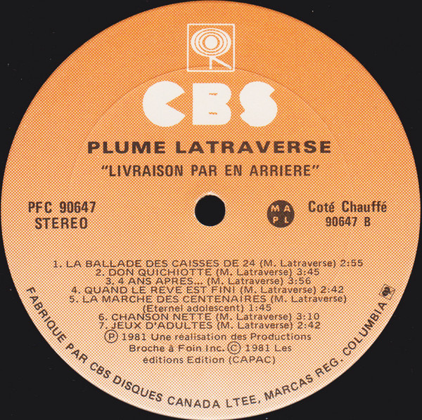 Plume Latraverse And The Plumettes - Livraison... Par En Arrière | CBS (PFC 90647) - 4