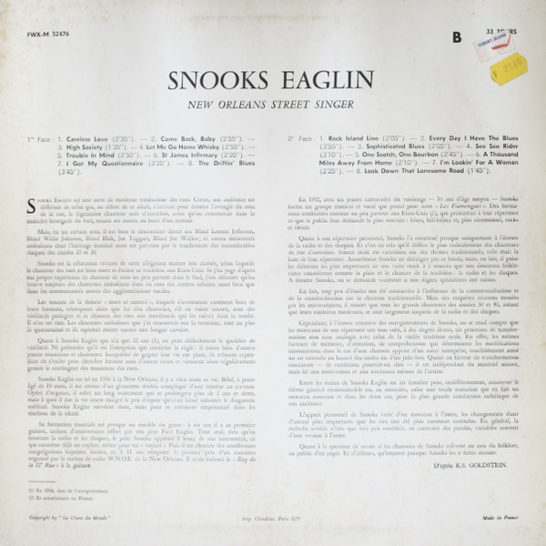 Snooks Eaglin - New Orleans Street Singer | Folkways Records (FWX-M 52476) - 2