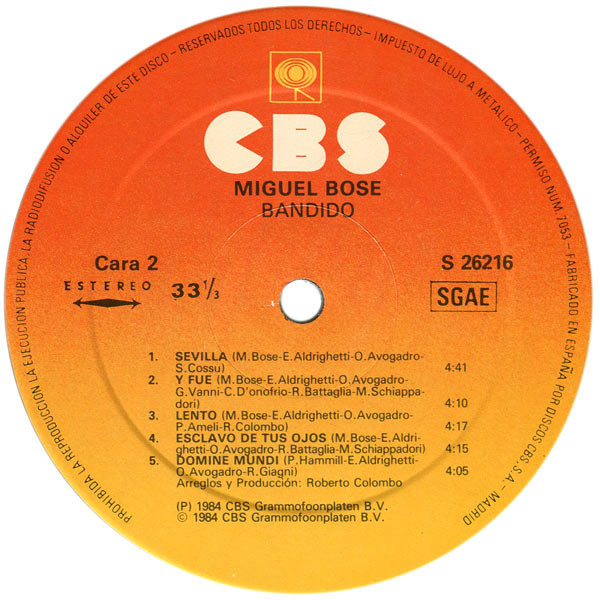 Miguel Bosé - Bandido | CBS (S 26216) - 4 Miguel Bosé - Bandido | CBS (S 26216) - 4