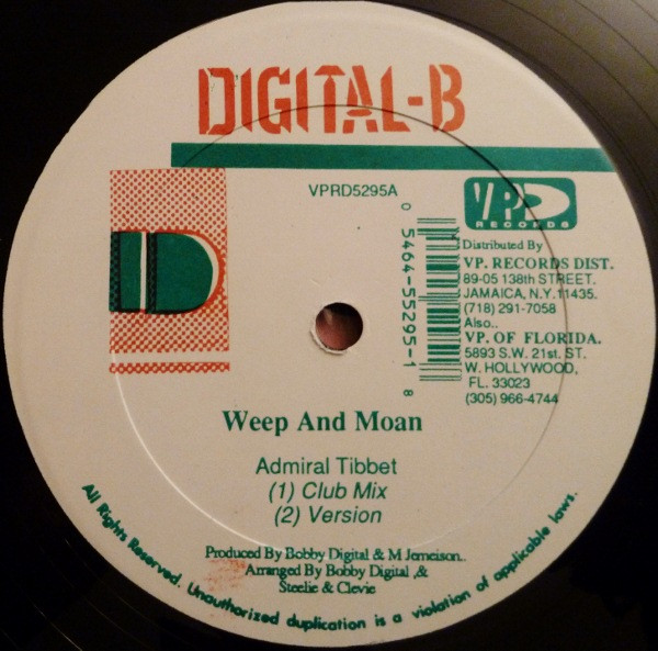 Admiral Tibet / Pinchers - Weep & Moan / Murder Pon A Man | Digital-B (VPRD5295) - main