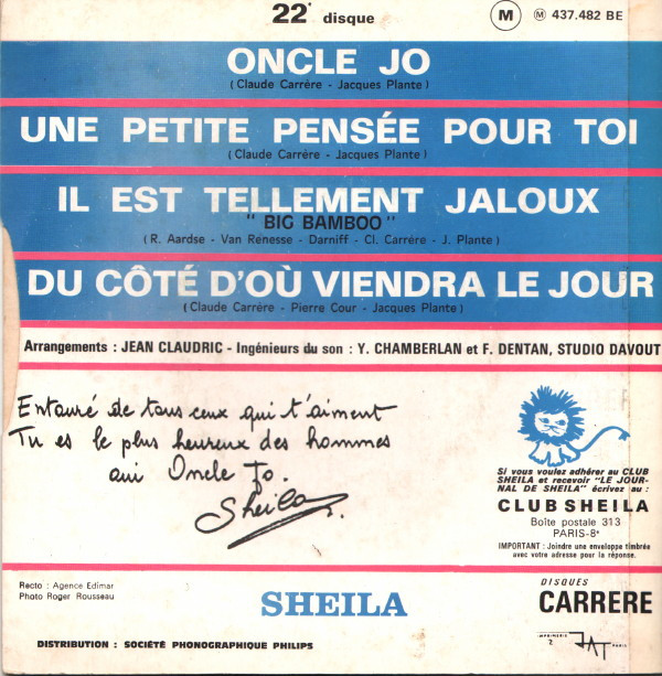 Sheila - Oncle Jo | Disques Carrere (437.482 BE) - 3 Sheila - Oncle Jo | Disques Carrere (437.482 BE) - 3