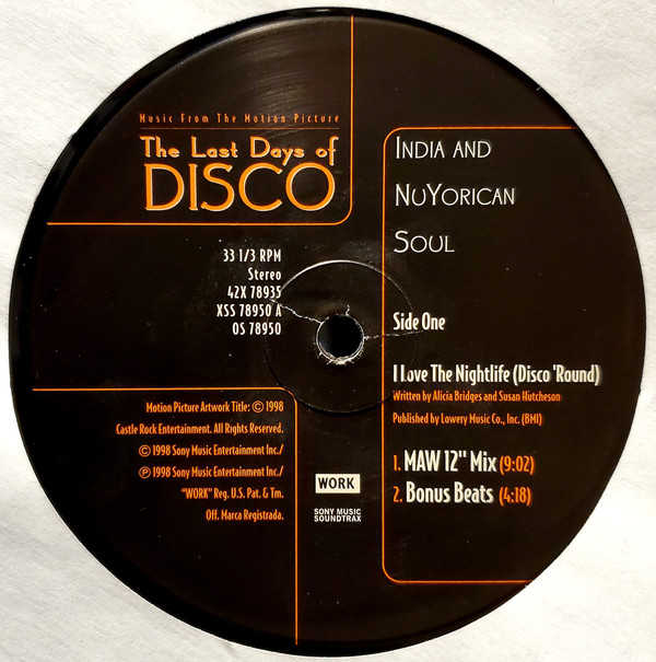 India And Nuyorican Soul - I Love The Nightlife (Disco Round) - 12" Remixes | Work (42X 78935) - 6
