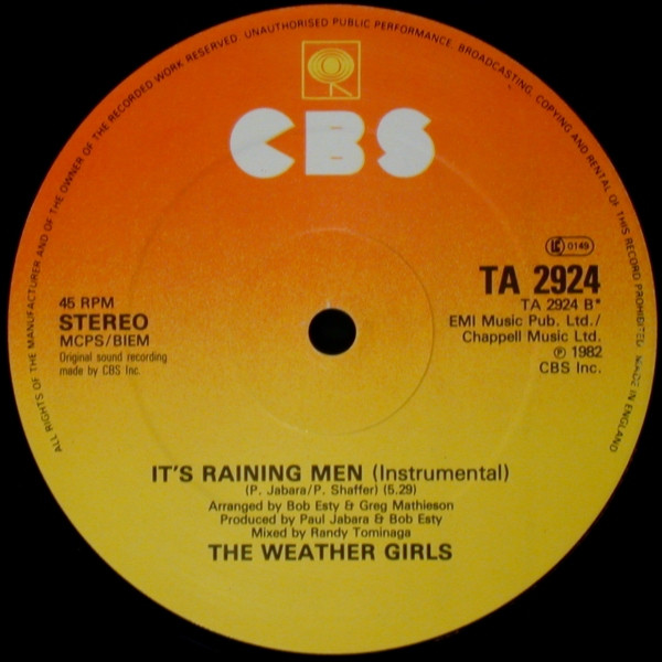 The Weather Girls - It's Raining Men / I'm Gonna Wash That Man Right Outa My Hair (Special Version) | CBS (TA 2924) - 4 The Weather Girls - It's Raining Men / I'm Gonna Wash That Man Right Outa My Hair (Special Version) | CBS (TA 2924) - 4