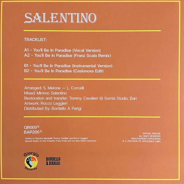 Salentino - You'll Be In Paradise | Bordello A Parigi (BAP206) - 2