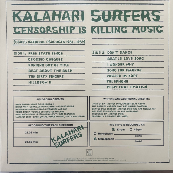 Kalahari Surfers - Censorship Is Killing Music (Gross National Products, 1981 To 1989) | Emotional Rescue (ERC144) - 2