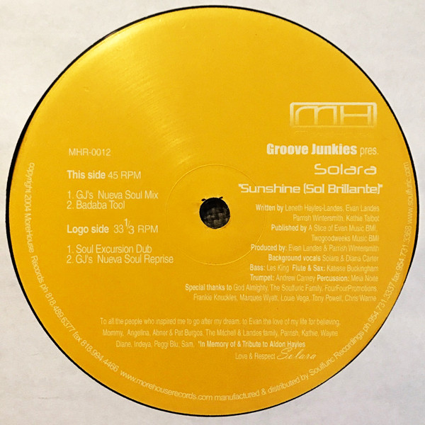 Groove Junkies Pres. Solara - Sunshine (Sol Brillante) | MoreHouse Records (MHR 0012)