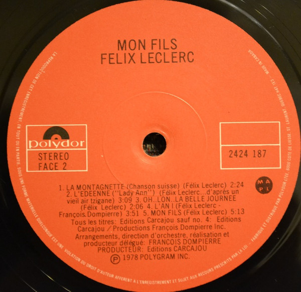 Félix Leclerc - Mon Fils | Polydor (2424 187) - 5 Félix Leclerc - Mon Fils | Polydor (2424 187) - 5