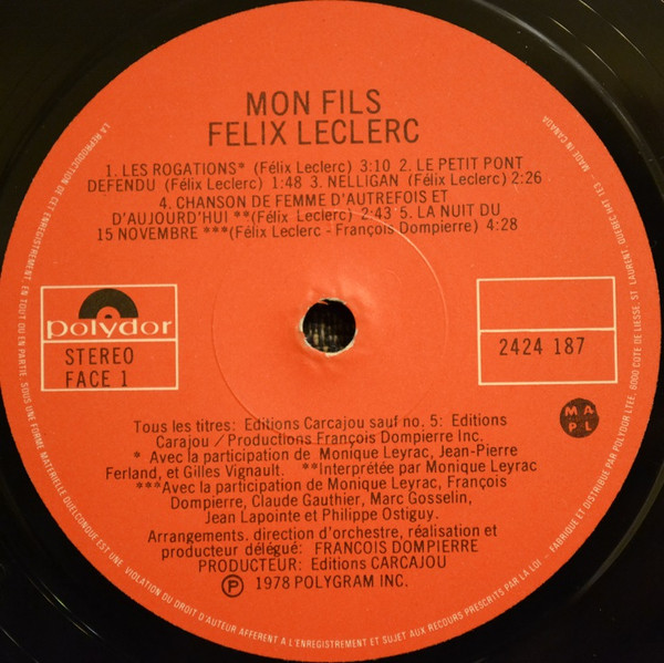Félix Leclerc - Mon Fils | Polydor (2424 187) - 4 Félix Leclerc - Mon Fils | Polydor (2424 187) - 4
