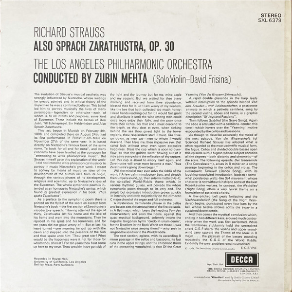 Richard Strauss , Los Angeles Philharmonic , Zubin Mehta - Also Sprach Zarathustra | Decca (SXL 6379) - 2