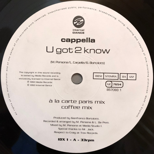 Cappella - U Got 2 Know | Internal Dance (IDX 1) - 3