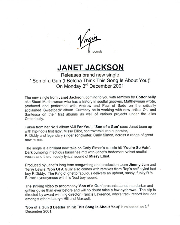 Janet Jackson With Carly Simon - Son Of A Gun (I Betcha Think This Song Is About You) | Virgin (VUSTDJX232) - 4