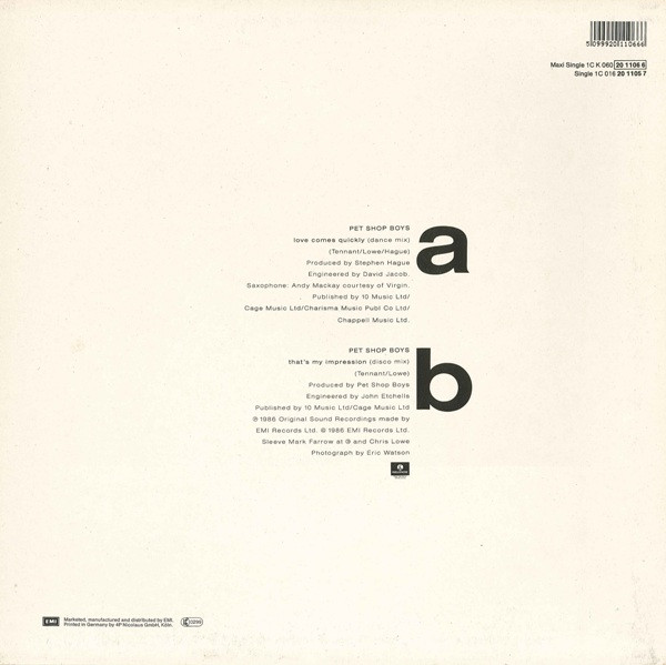 Pet Shop Boys - Love Comes Quickly (Original-Version) | Parlophone (1C K 060-20 1106 6) - 2 Pet Shop Boys - Love Comes Quickly (Original-Version) | Parlophone (1C K 060-20 1106 6) - 2