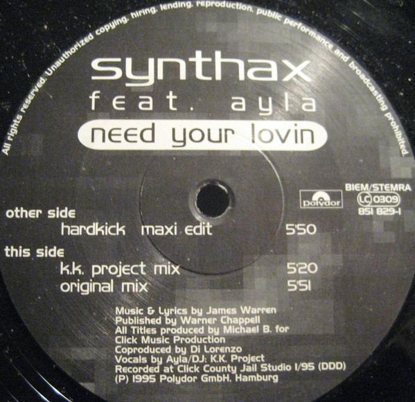 Synthax & Ayla - Need Your Lovin | Polydor (851 829-1) - 3 Synthax & Ayla - Need Your Lovin | Polydor (851 829-1) - 3