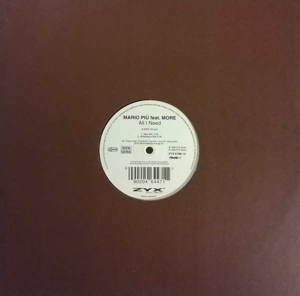 Mario Più Feat. More - All I Need | ZYX Music (ZYX 8788-12) - 3