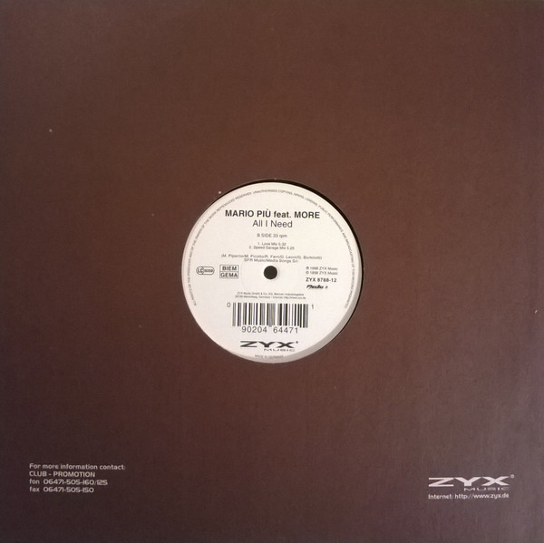 Mario Più Feat. More - All I Need | ZYX Music (ZYX 8788-12) - 4