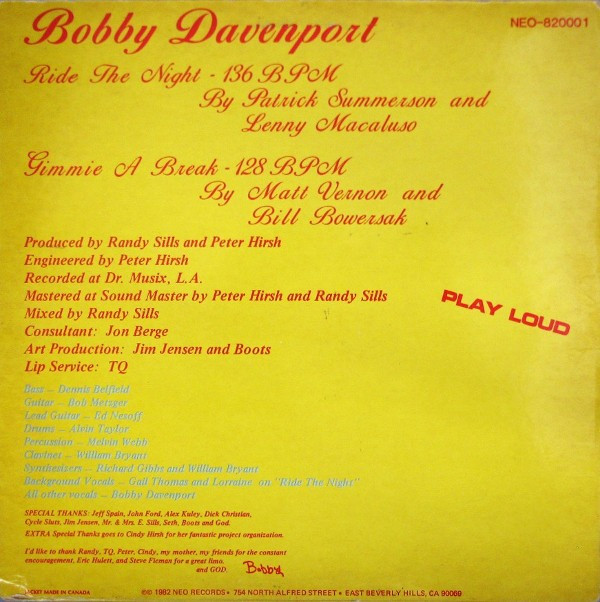 Bobby Davenport - Ride The Night / Gimmie A Break | Neo (NEO 820001) - 2