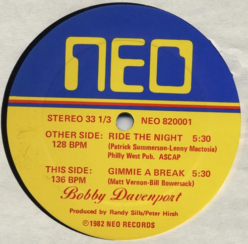 Bobby Davenport - Ride The Night / Gimmie A Break | Neo (NEO 820001) - 3